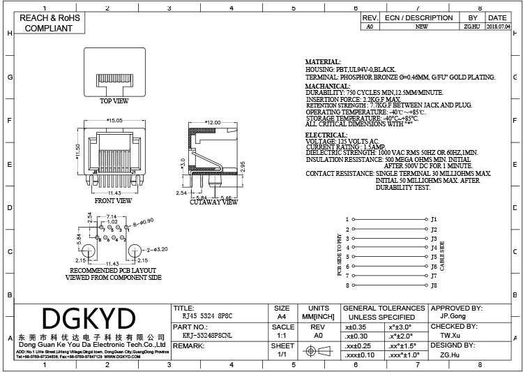 KRJ-53248P8CNL Industrial Grade RJ45 Connector Modular Module Interface All Plastic Without Filter 8P8C Single Interface