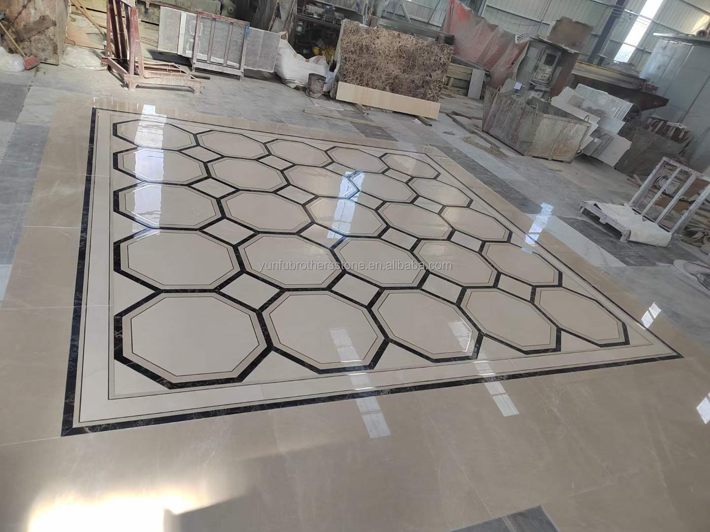 White and Yellow Marble Water Jet Carpet in Modern Design Style for Living Room Villa