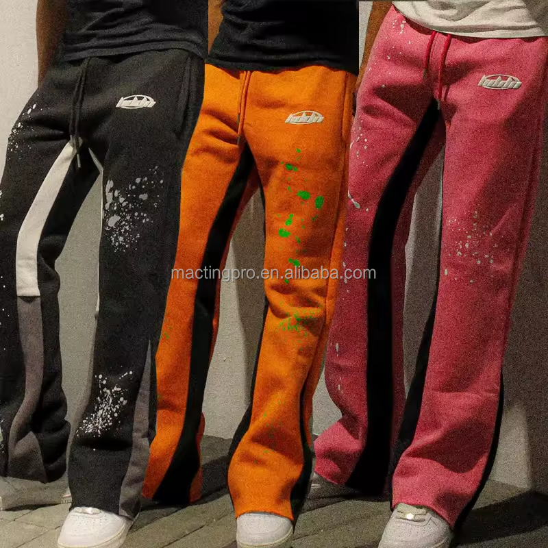 Customized Labels Men's Jogger Track Sweat Pants Baggy Trousers Paint Splatter Stack Flared Sweatpants