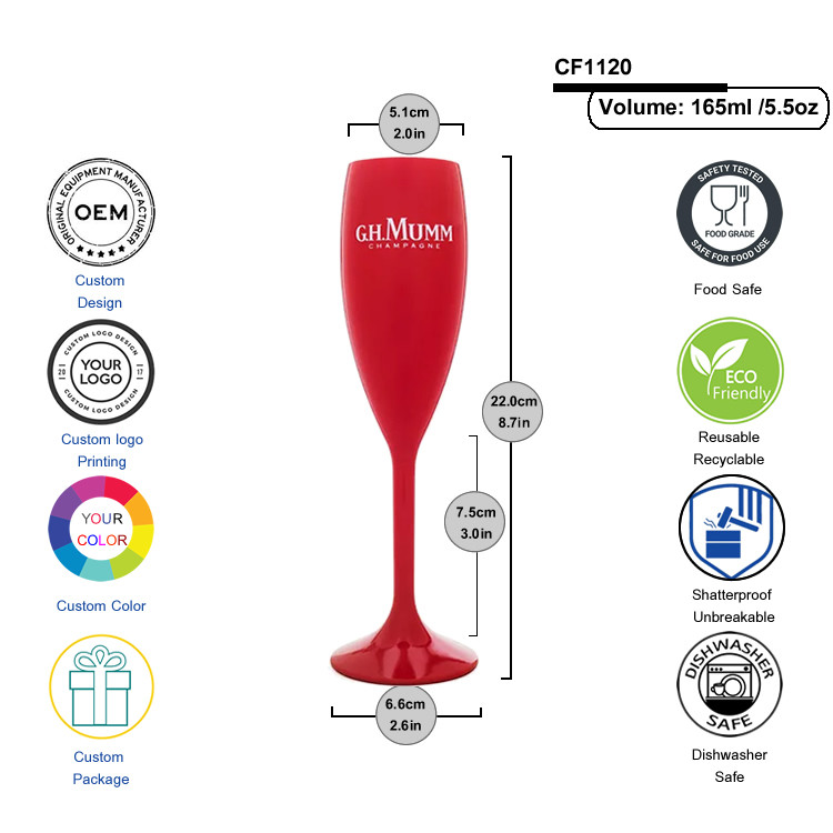 9oz Clear Solid Plastic Champagne Glasses For Parties Customized Color Logo
