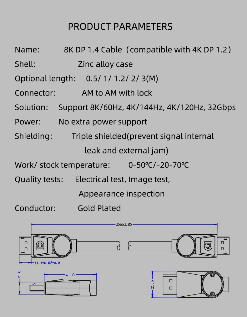Factory price 60HZ 4K 144HZ dp cable displayport cable 8K for multimedia 3A games 1080ti