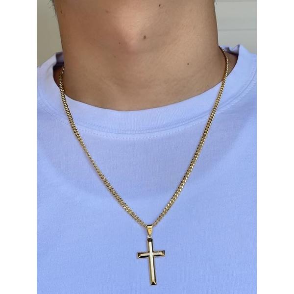 18K Yellow Gold Cross Pendant - Beveled Edge Charm for Men Religious Jewelry for Women