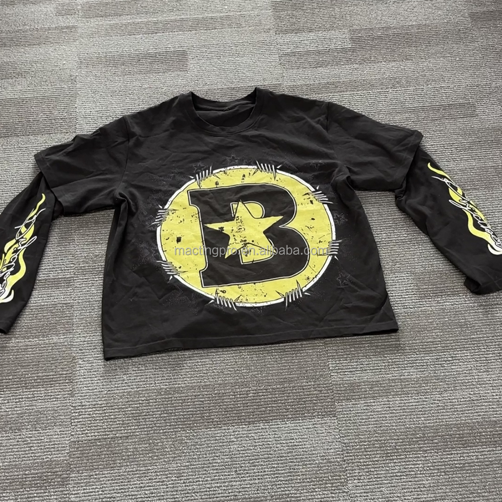 Black Washed Long Sleeve T Shirt Tee Men'S Heavyweight Acid Wash T-Shirt Hip Hop Style