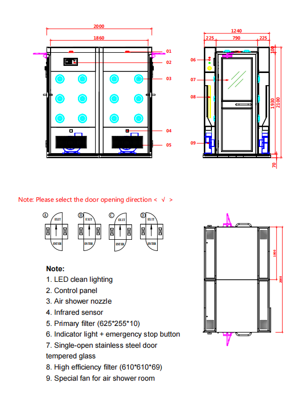 304 stainless steel heavy duty air shower | 1240x2000x2100mm Specifications | Dual airflow design