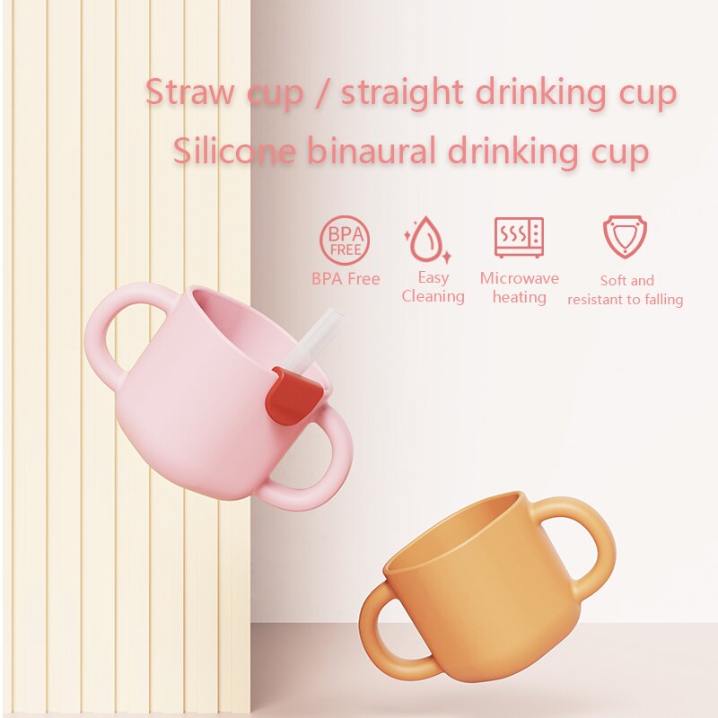 270ML Kids Silicone Feeding Cup With Straw Bpa Free Training Sippy Cup Print Pattern
