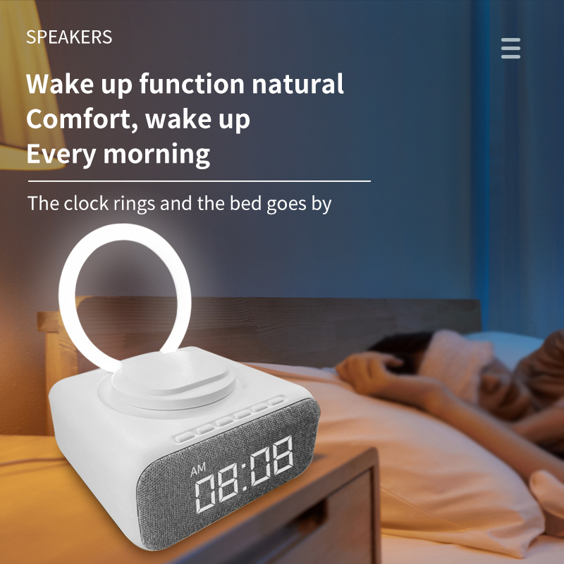 Mini ABS Portable Alarm Clock Speaker Therapy Lamp Blue Tooth Wireless Charging Fm Night Light Stand Holder