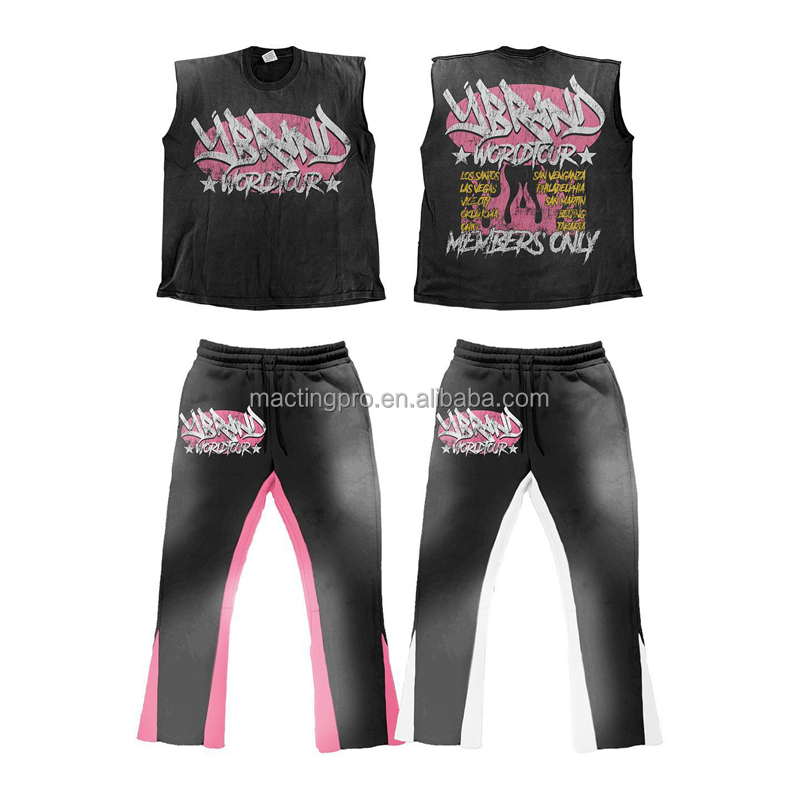 Custom Logo Acid Wash Hoodies Sweat Shorts Black Crop Top and Sleeveless Tank Top Set