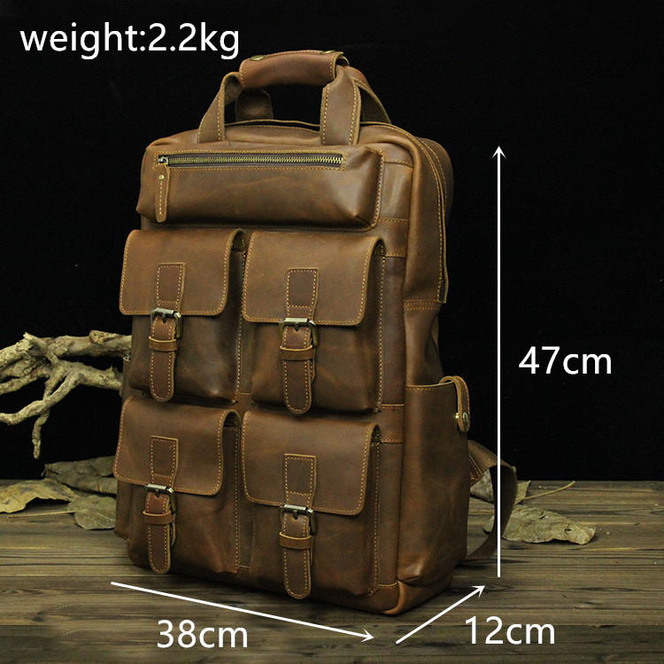 Brown Full Grain 15 Inch Convertible Cowhide Leather Backpack Mens