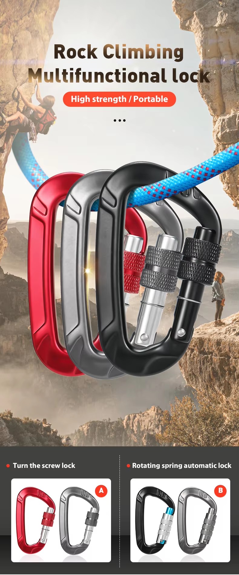 Aluminum Climbing Screw Locking Carabiner 12kN Gym Carabiner Clip for Heavy Industry
