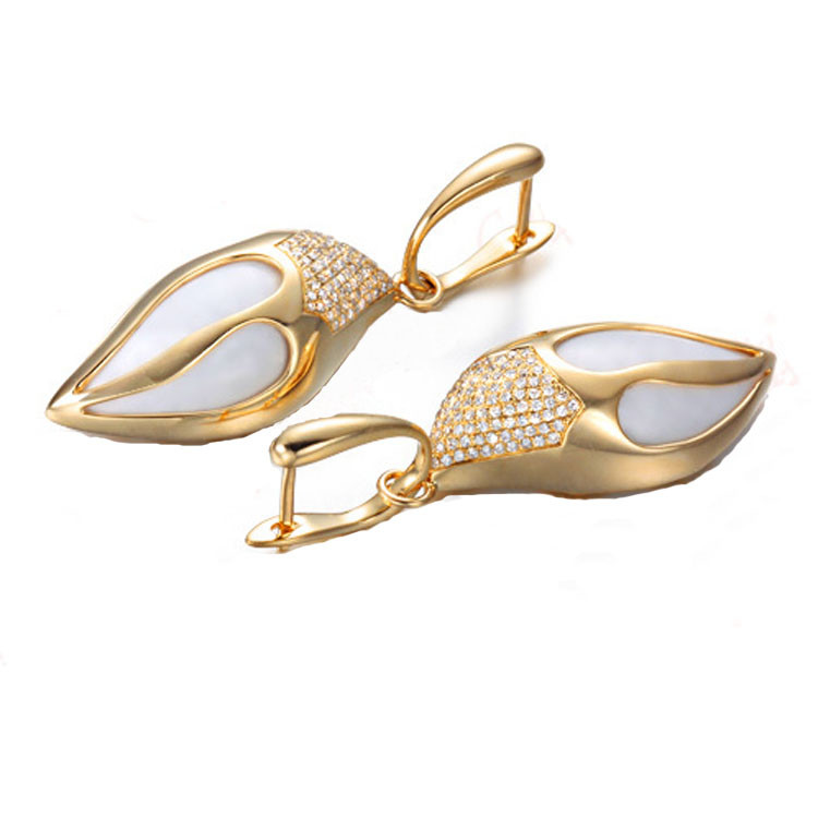 18K Yellow Gold Diamonds White Agate Drop Pendant Earrings Jewelry (GDSET005)