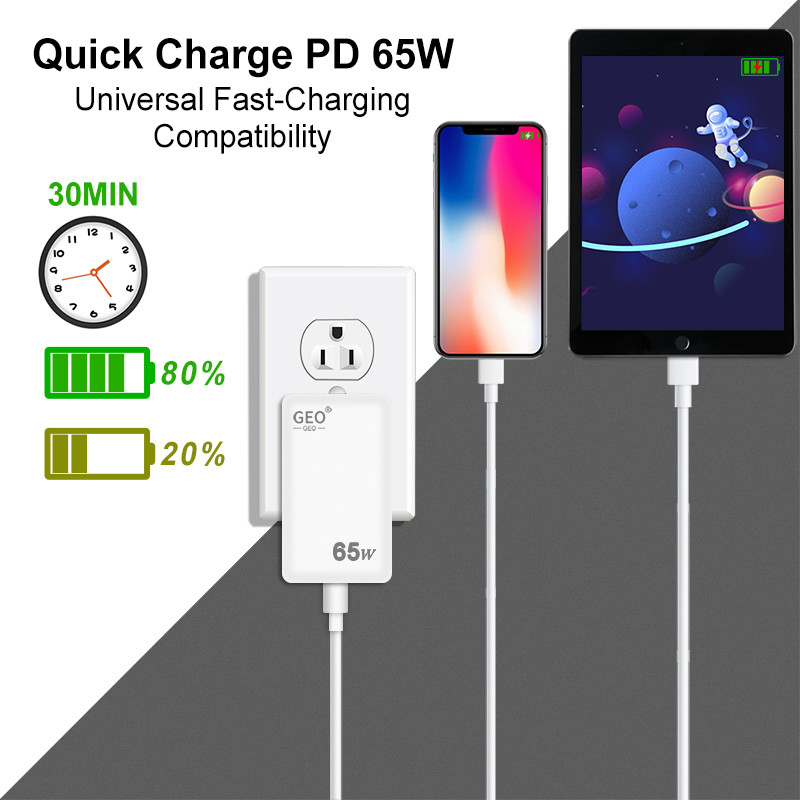 20V 3.25A PD 65W GaN Charger USB C QC3.0 Fast Charger For Laptop Phone