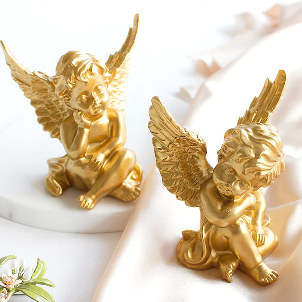 Finished Goods Garden Miniature Gold 2pcs Cherub Resin Statue Angel Figure Decorative