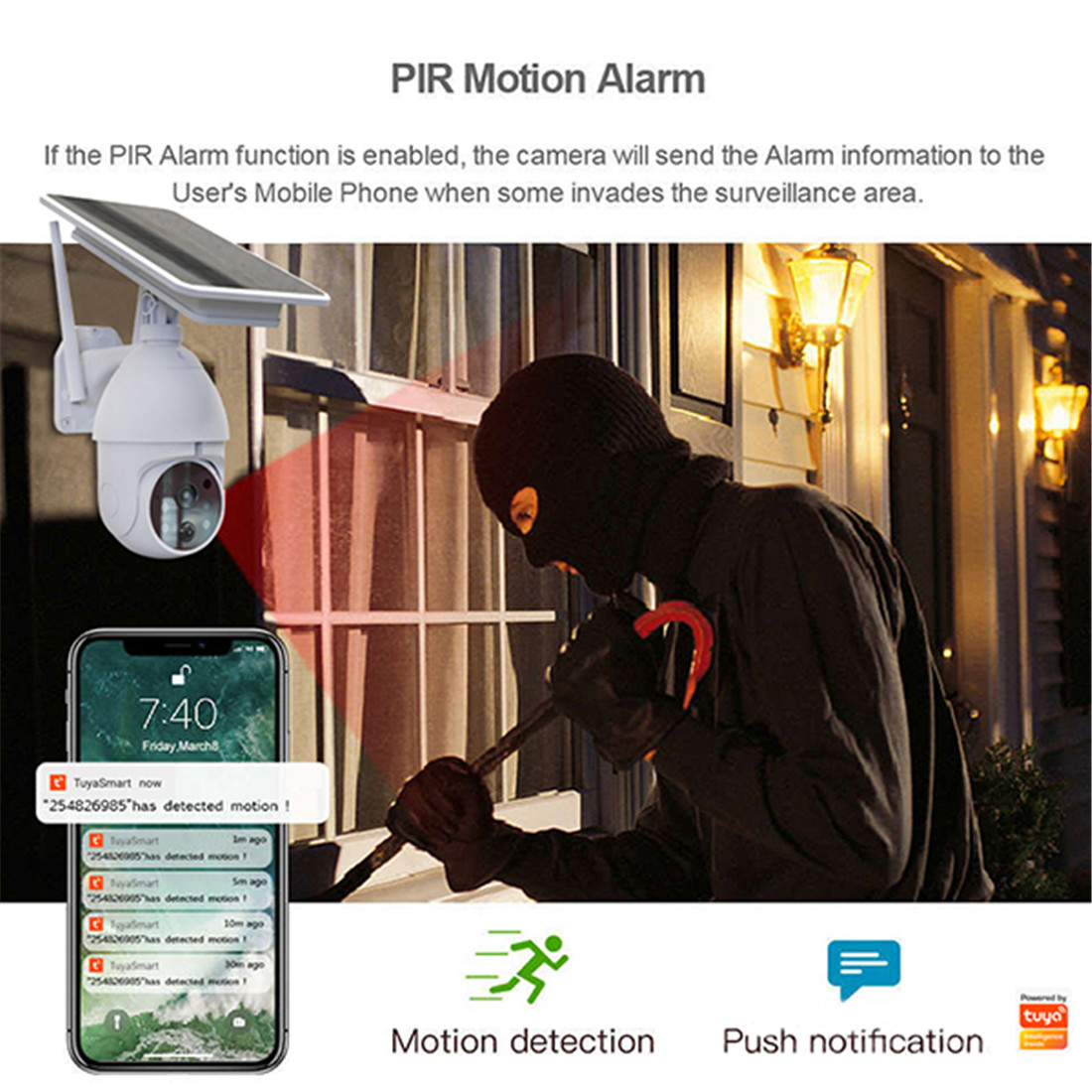 Smart Wi-Fi White Security Camera Solar Charge 1080P Home Surveillance Support Night Vision PIR Motion Detect