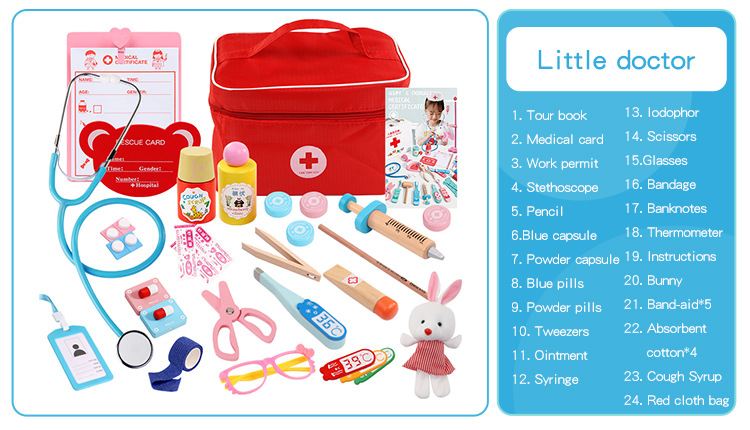 Kids' Role-Playing Doctor Injection Toy Gift Wooden Simulation Cloth Bag Medicine Box