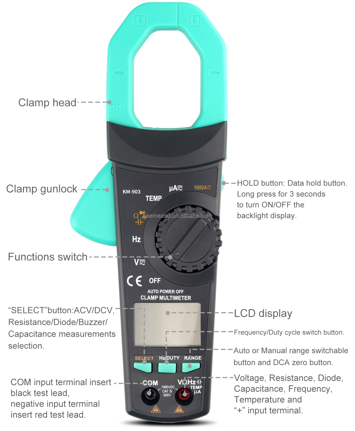 Big Clamp Multimeter T-RMS AC DC 1000V 1000A Diode Test Continuity Buzzer Digital Clamp Meters