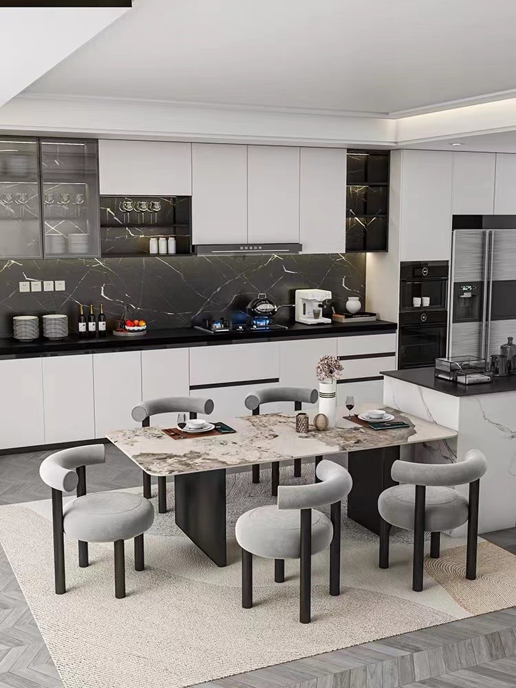 Elegant Fusion Stainless Steel Marble Dining Table Round Marble Dining Table Set For 8 Seater