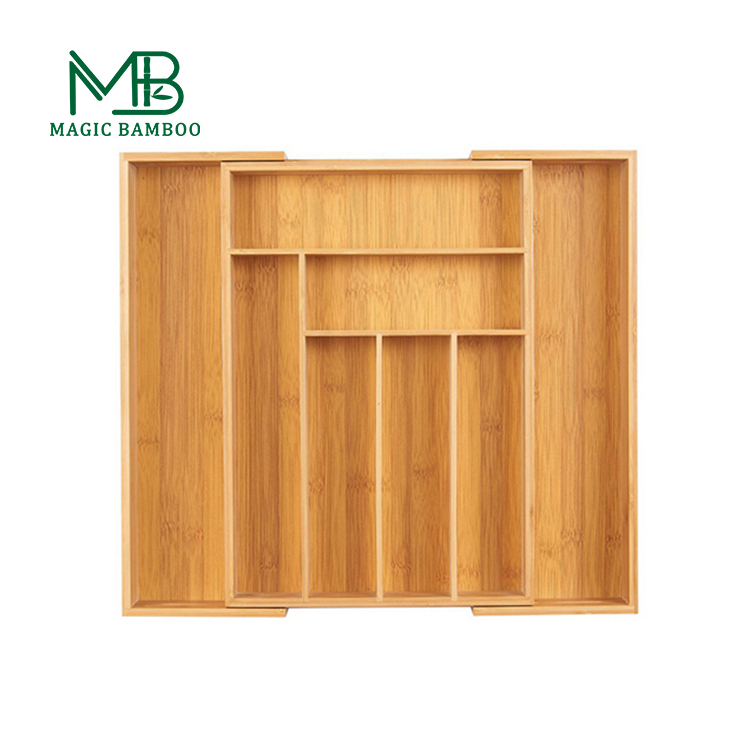 Eco-friendly Rectangle Bamboo Cutlery Serving Tray Set with 8 Adjustable Compartments