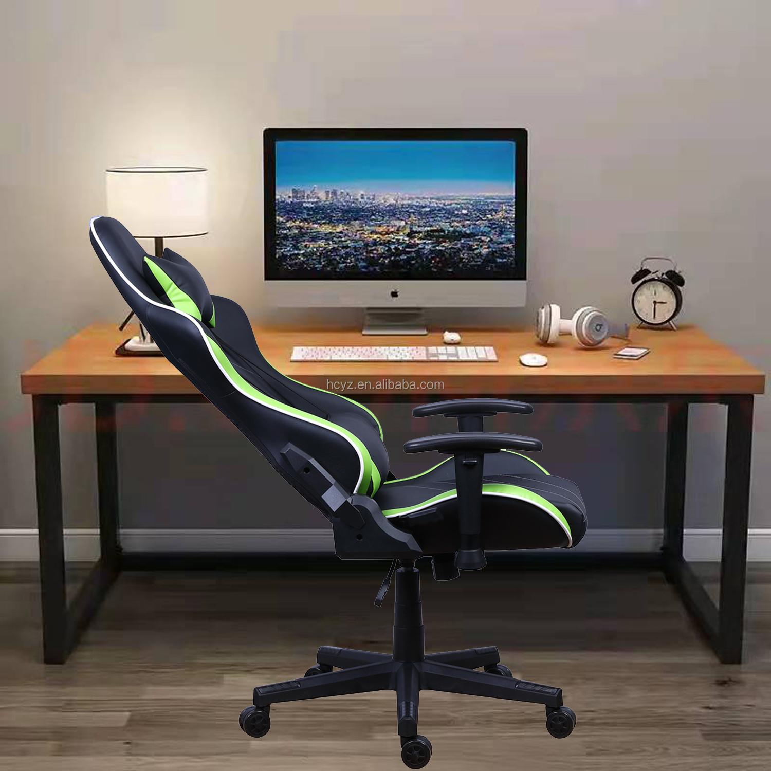 PU Castors Leather Reclining Gamer Chair with LED Light Bar Racer RGB Gaming Chair