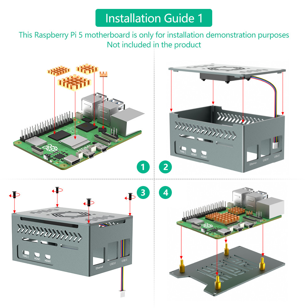 Raspberry Pi 5 Aluminum Case with 4010 PWM Fan and Copper Heatsinks Support Official Active Cooler