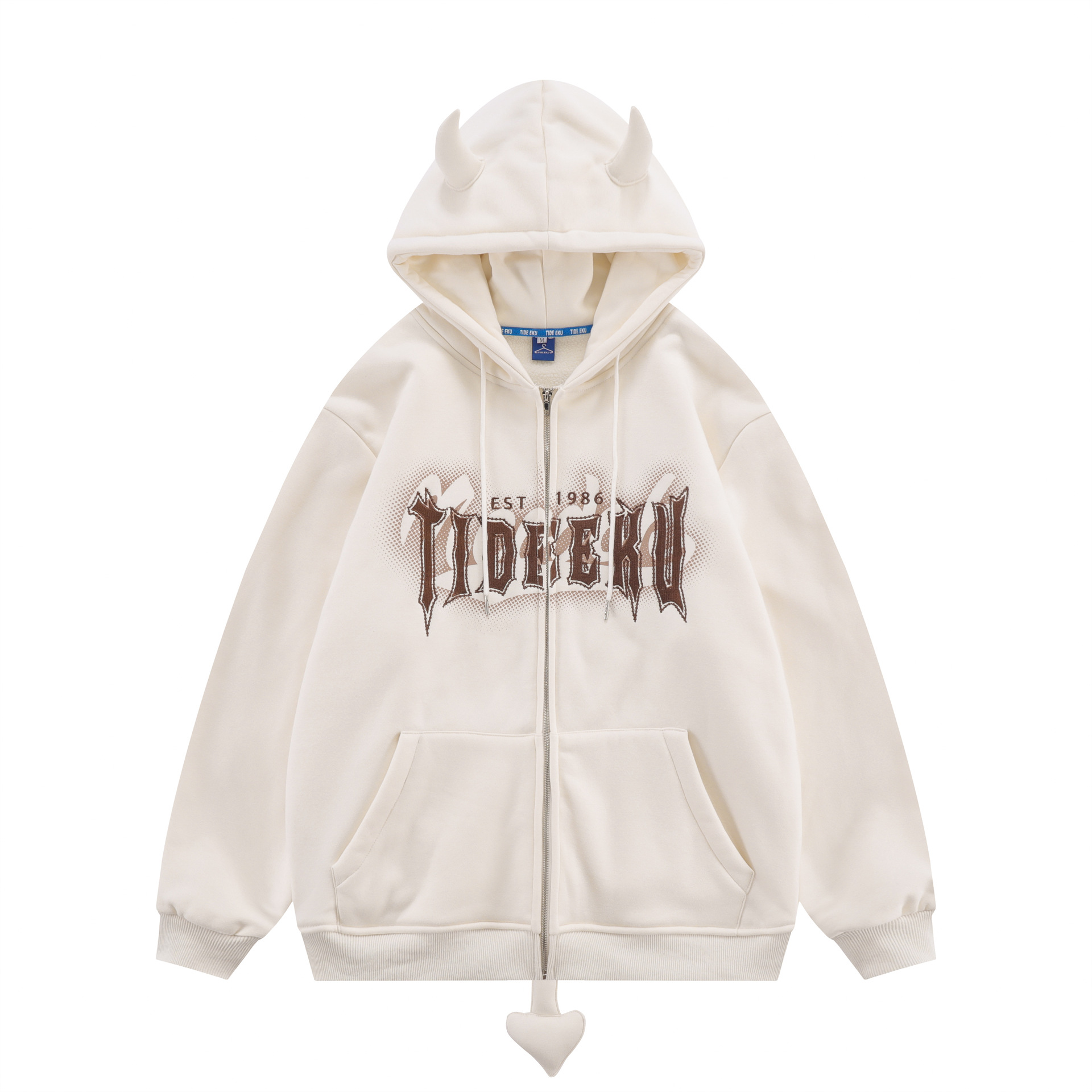 8oz 12 Ounce Zipped Hooded Sweatshirt Devil Horn Printed Fleece Blank Unisex Couple Men Oversized Full Zip Up Pullover