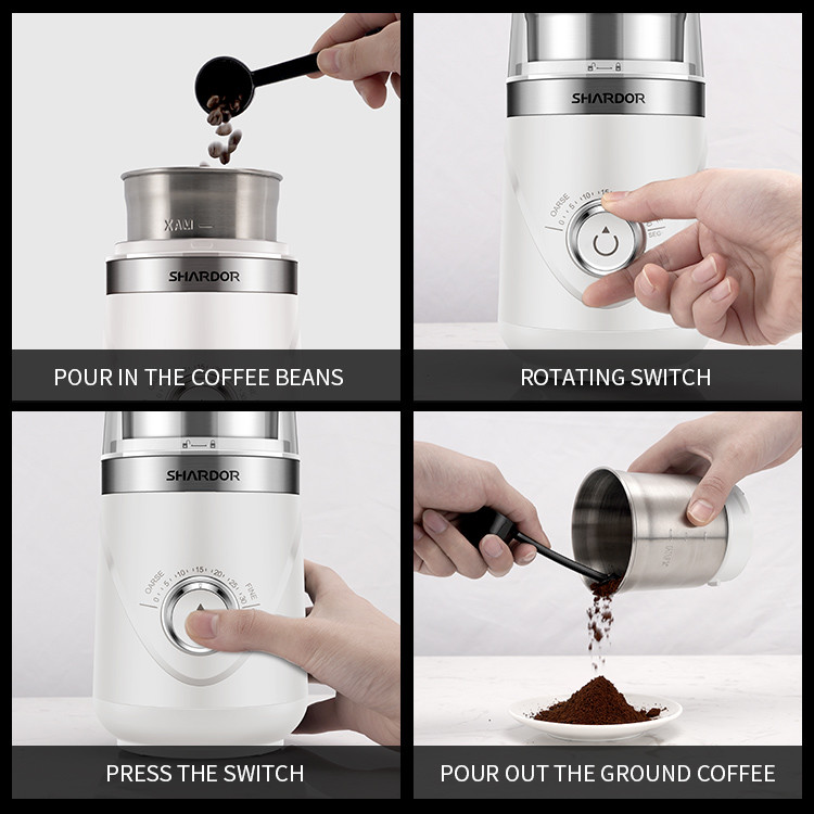 Pepper Cumin White Custom Coffee Grinder Coarse Fine Removable Cups Timing Knob