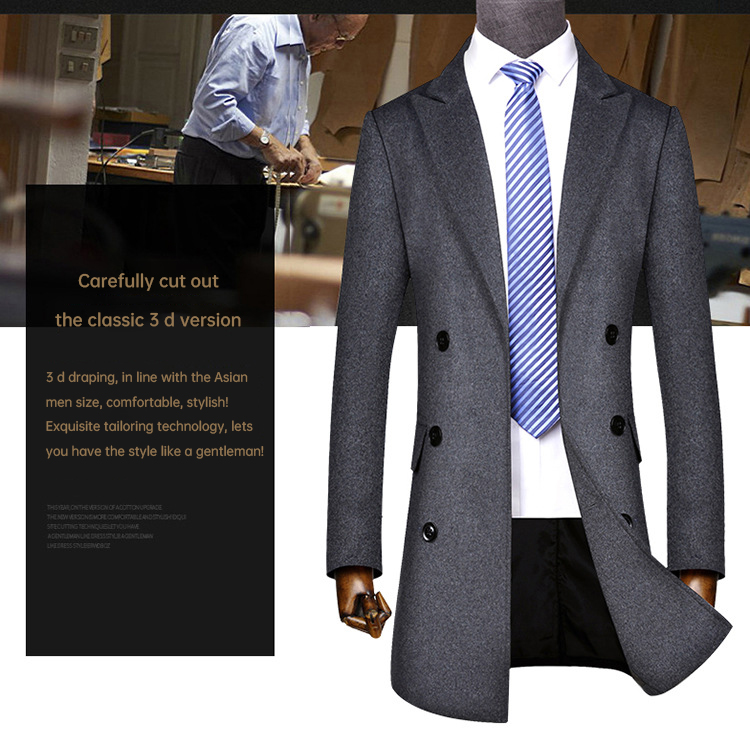 Business Casual Double-Breasted Men's Woolen Coat in Standard Thickness Canvas Fabric