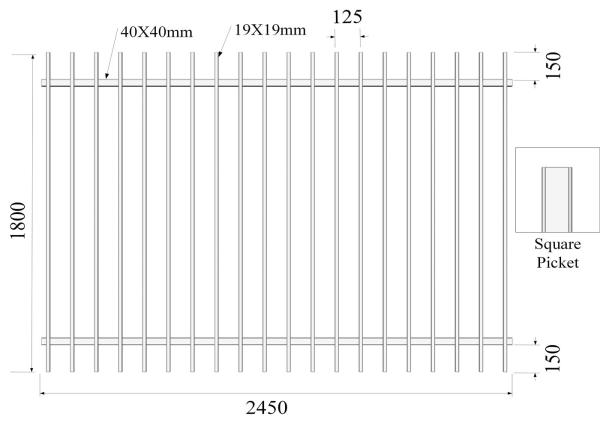 H1800mmxW2450m Square Picket 19mmx19mm Rail 40mmx40mm Stain black Powder