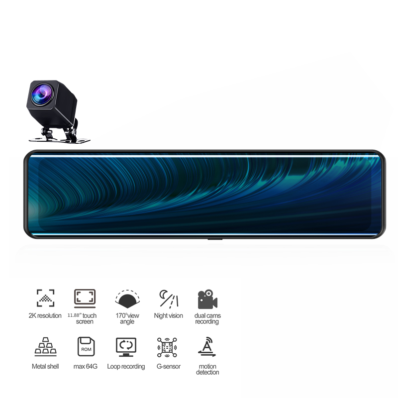 2k FHD 1440P 12 Inch Rear View Mirror Camera Dual Lens G Sensor