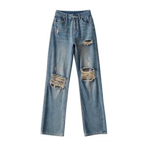 China Factory Customized European Style Fashionable High Waist Woman Ripped Jeans wholesale