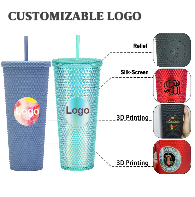Double Wall Insulation 24oz Studded Tumbler Diamond Durian Pineapple Plastic Matte Black Studded Cup Coffee Tumbler With Lid Straw Fashionable