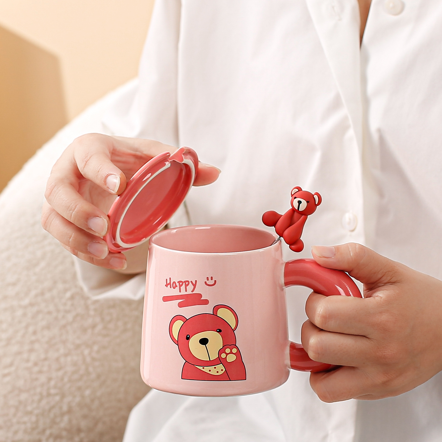 Bear Ceramic Mug with Lid and Spoon 300ml USB Heating