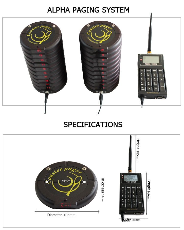 Wireless rechargeable new design long range pocsag program coaster pager system