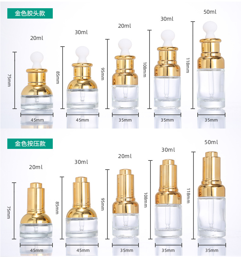 Round Glass Bottle Alu Dropper Essential Oil Bottle with Box Customize Luxury Oil Push Button Flat Shoulder 20ml 30ml 50ml