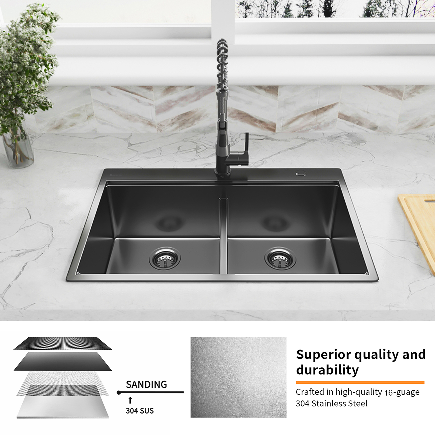 FOOK SINK Handmade Top Mount 304 Stainless Steel Double Bowl Kitchen Sink with Ledge