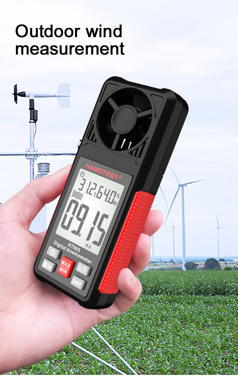 Data Hold Function HT605 Portable Digital Anemometer with Air Velocity Range 0.7-30m/s and Temperature Humidity Meter