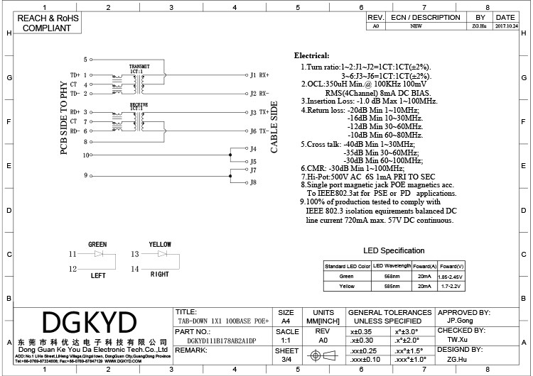 DGKYD111B178AB2A1DP RJ45 Connector Crystal Head Network 100M With Light Poe