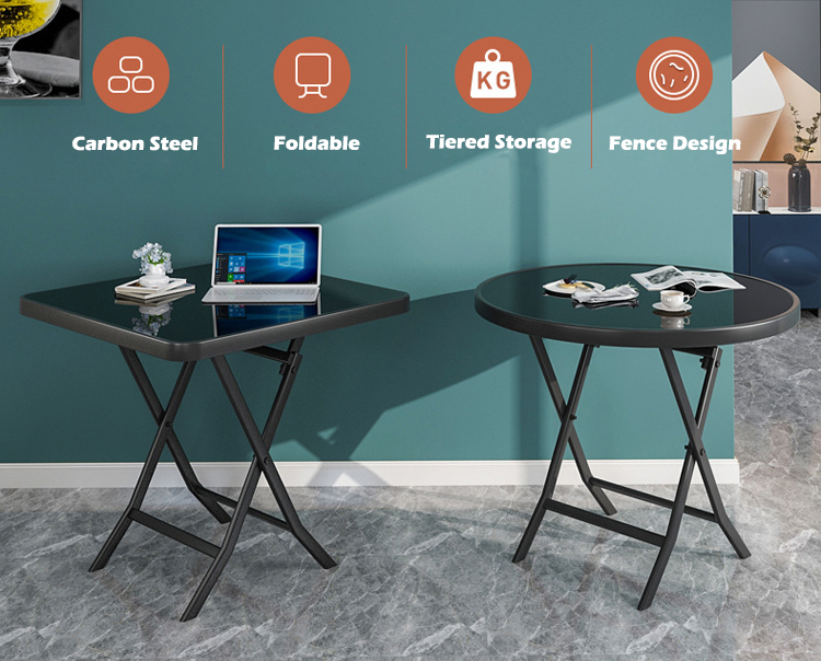 Outdoor Table Metal Tempered Glass Square Round Folding Foldable Coffee Dining Table