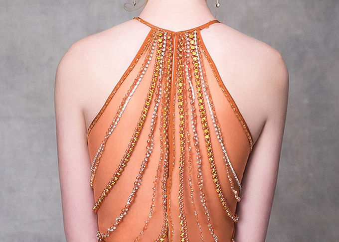 Orange A Line Ball Gown Colorful Heavy Beading Floor Length See Through Style