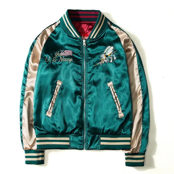 College Jacket Embroidered Satin Baseball Jacket Reversible Bomber for Men