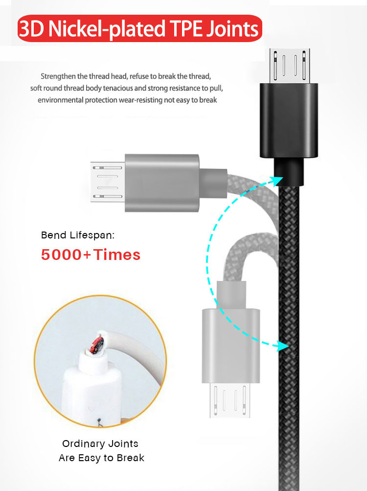 Durable 2m Micro USB Data Transfer Cable Quick Charging