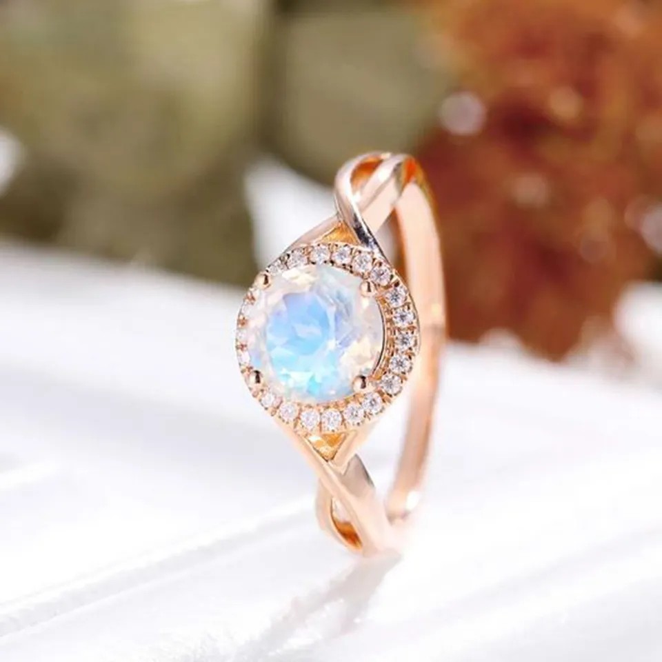 925 Sterling Silver CZ Jewelry Dainty Rings Natural Faceted Blue Moonstone Ring