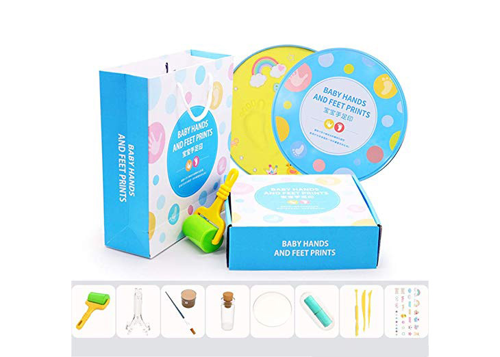 Colorful Baby Shower Gift , Handprint And Footprint Clay Tin Keepsake Box