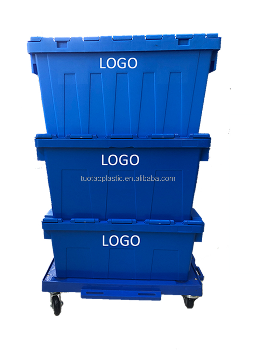 Secure Moving Attached Lid Plastic Crate with Hinged Lockable Lid and Solid Box Style