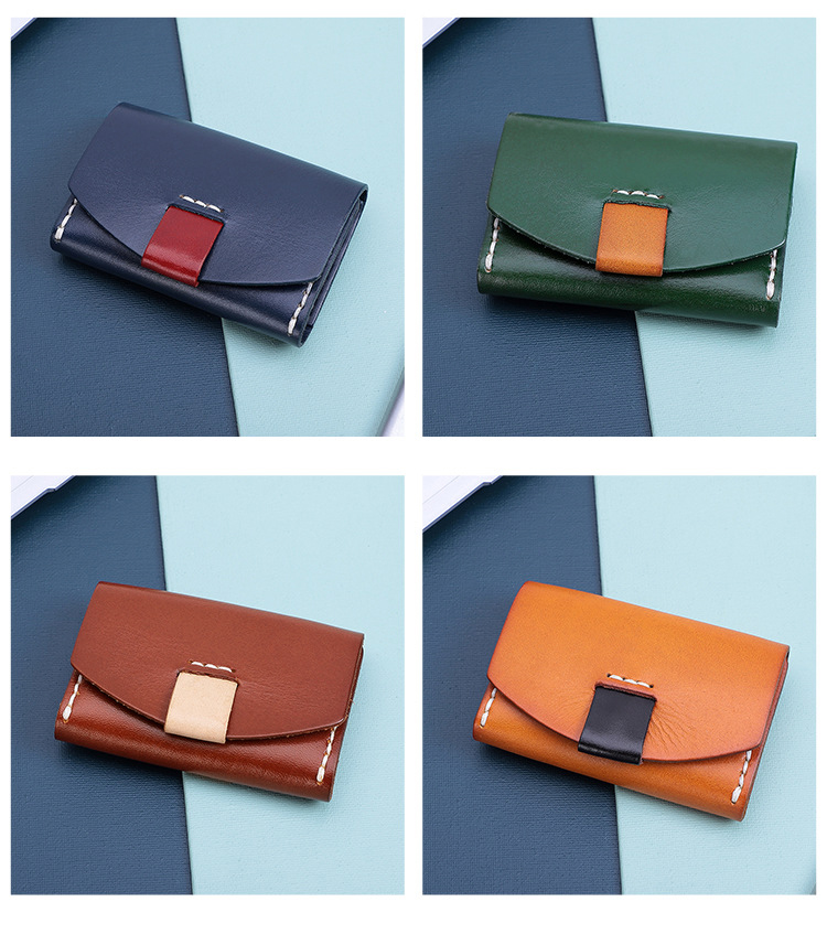 Vegetable Tanned Leather Short ID Card Holder for Cowhide Change Coin and Open Closure