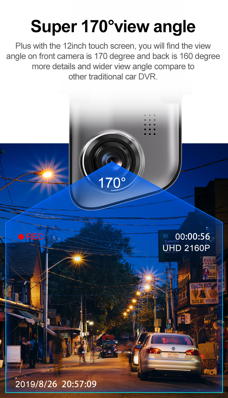 12 Inch 1440P 64G Card 2K Dash Camera Loop Recording Motion Detection