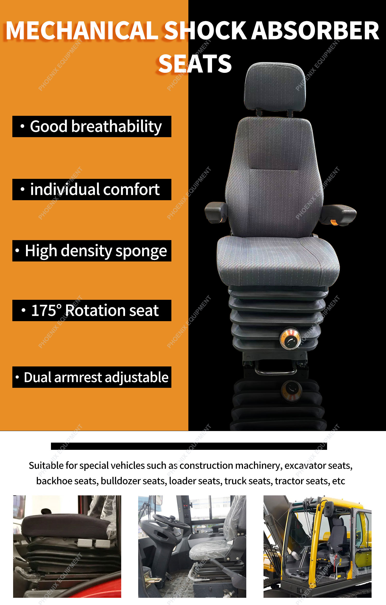 Universal Dual Armrest Adjustable Mechanical Shock Absorber Seats for Customized OEM