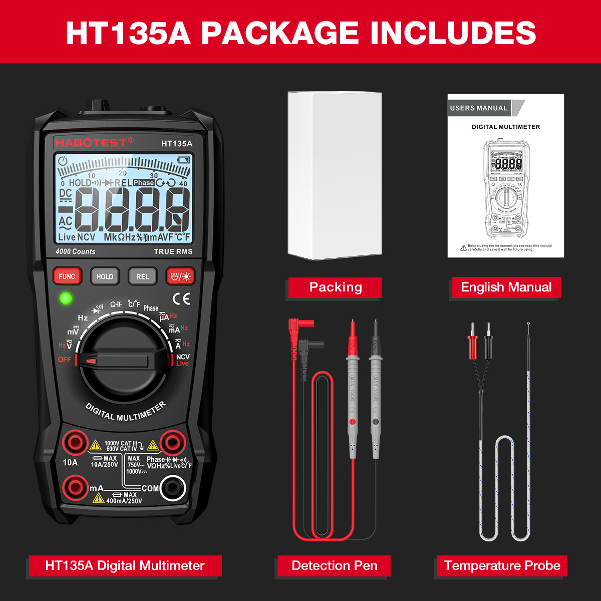 HABOTEST HT135 Digital Multimeter 1000V 10A 4000 Counts AC/DC Transistor Tester Electrical NCV Test Meter Profesional Multimetr