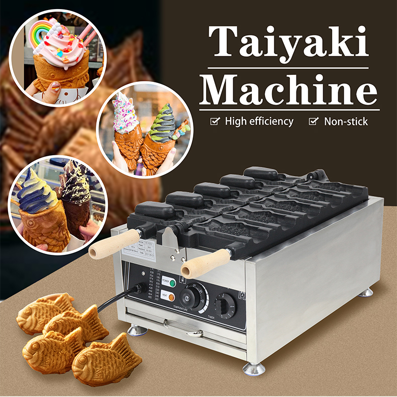 Electric Japanese Snack Machine for 5pcs Taiyaki Fish Waffle Maker and Ice Cream Cone