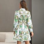 Ethnic Long Sleeves Lace Up Floral Dress Belted Crew Neck
