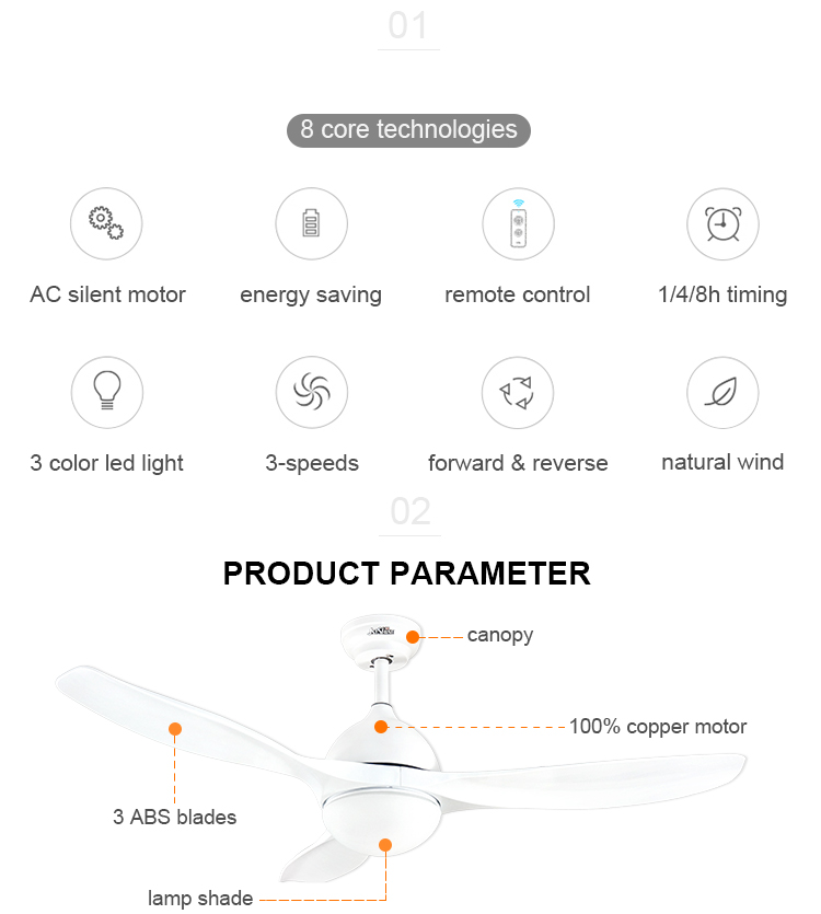 Modern AC Motor Decorative Ceiling Fans with Lights 2- and AC/DC Pure Copper Motor